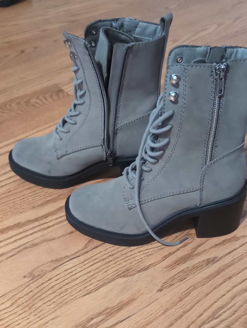 MIA Gray Lace-Up Mid-Heel Combat Boots
